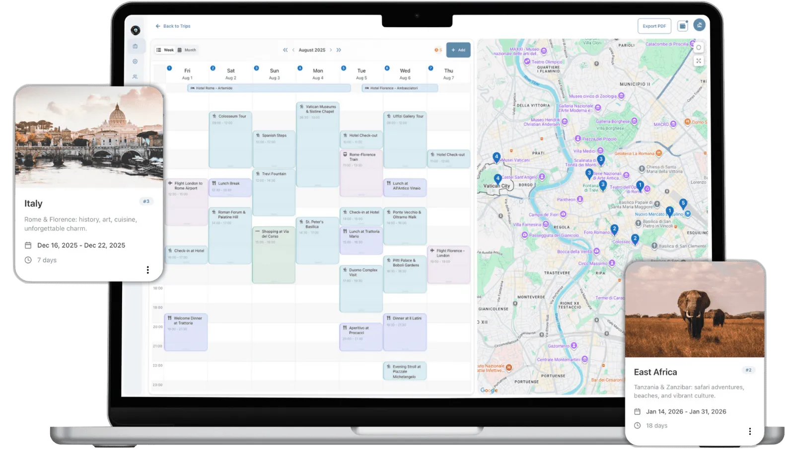 Oasis Digital travel planning app interface showing trip itinerary with calendar view, budget tracking, and event management features on laptop screen
