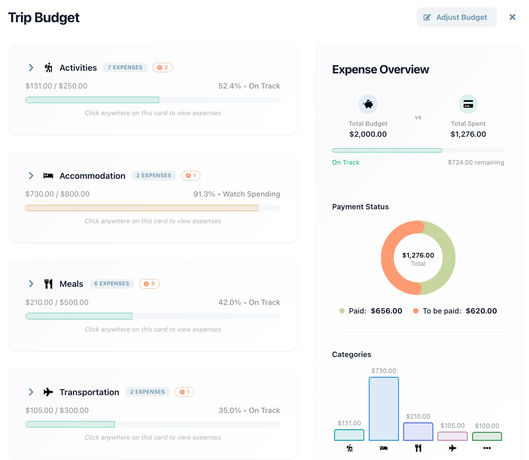 Budget management interface showing expenses overview
