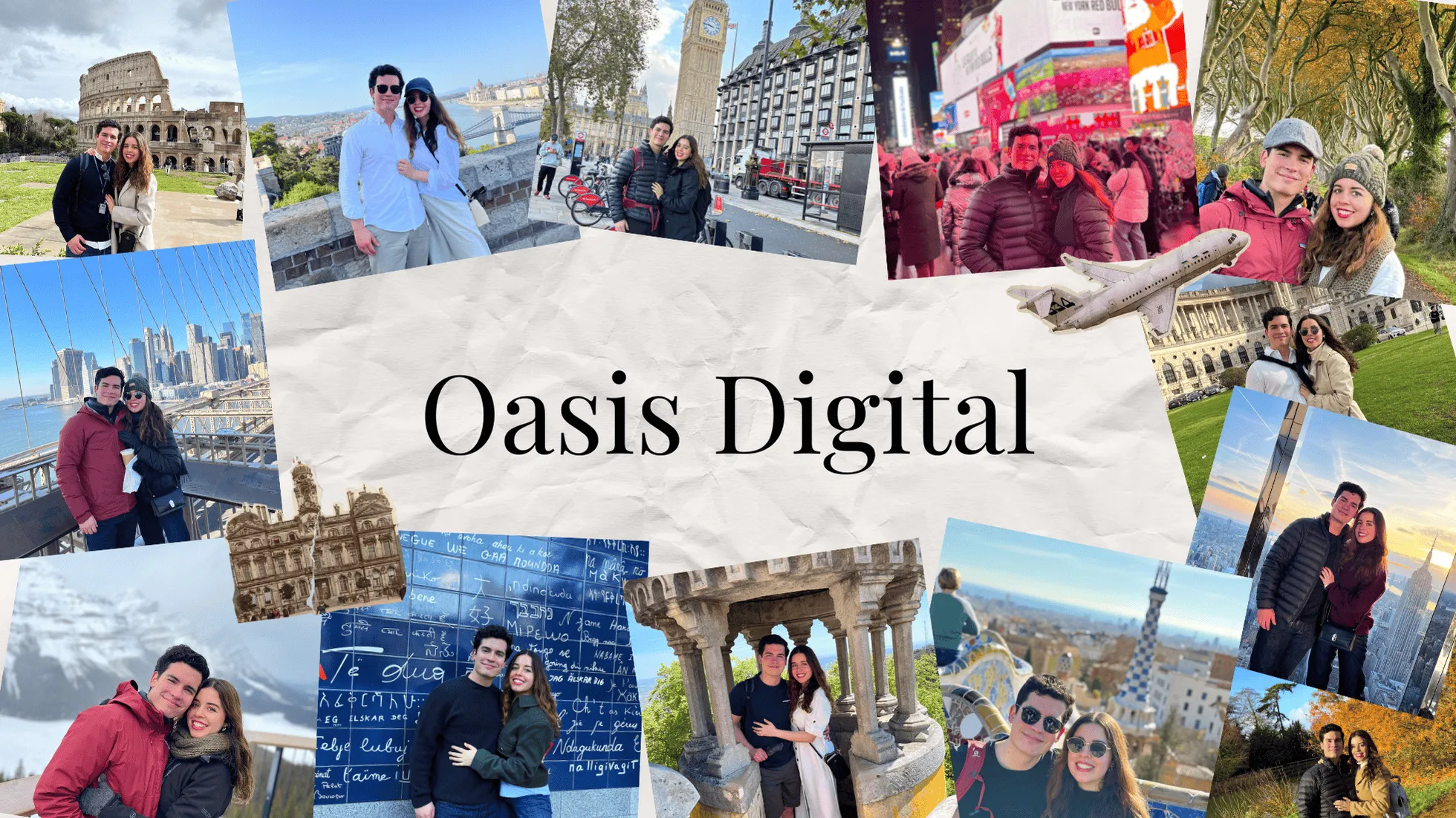Travel collage featuring the founders of Oasis Digital exploring the world together