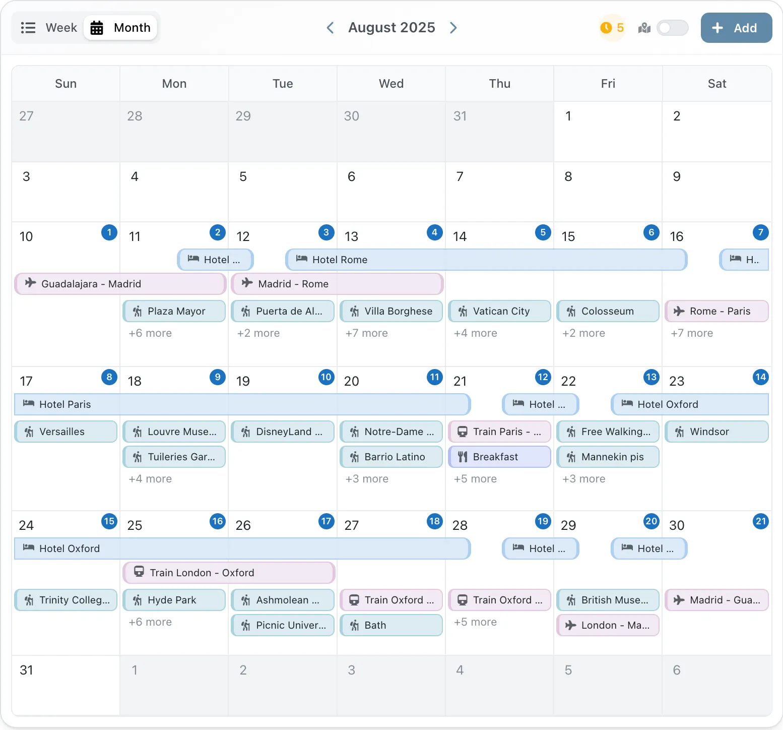 Monthly calendar view showing multi-destination trip overview