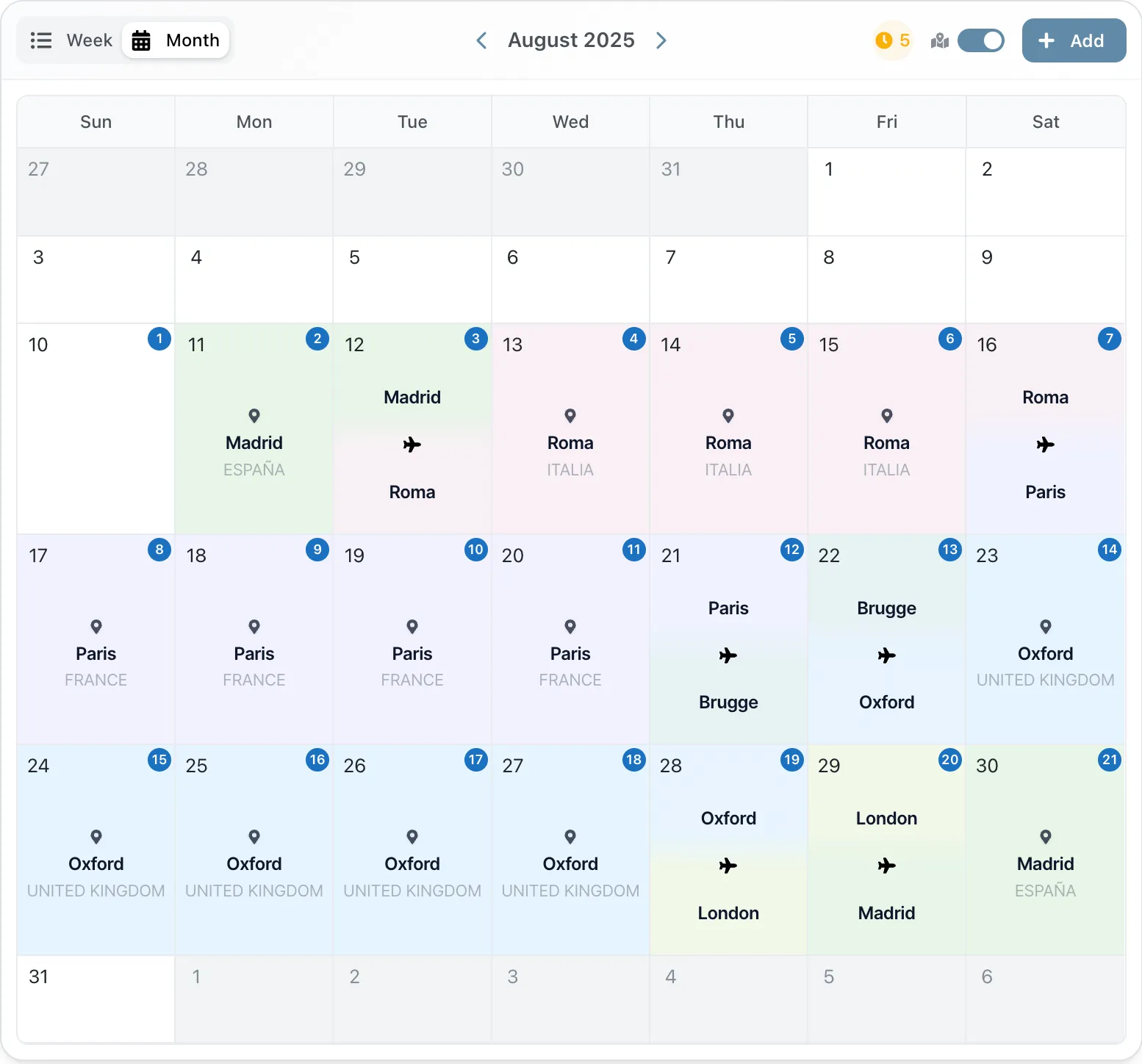 Monthly calendar view with enhanced destination details