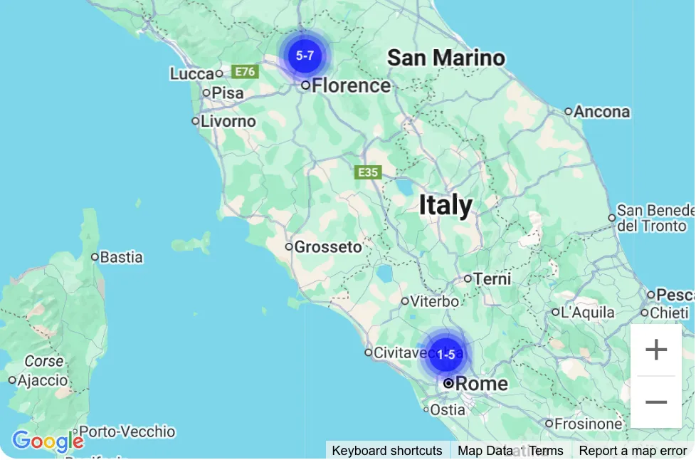 Map view showing trip days and locations with numbered markers
