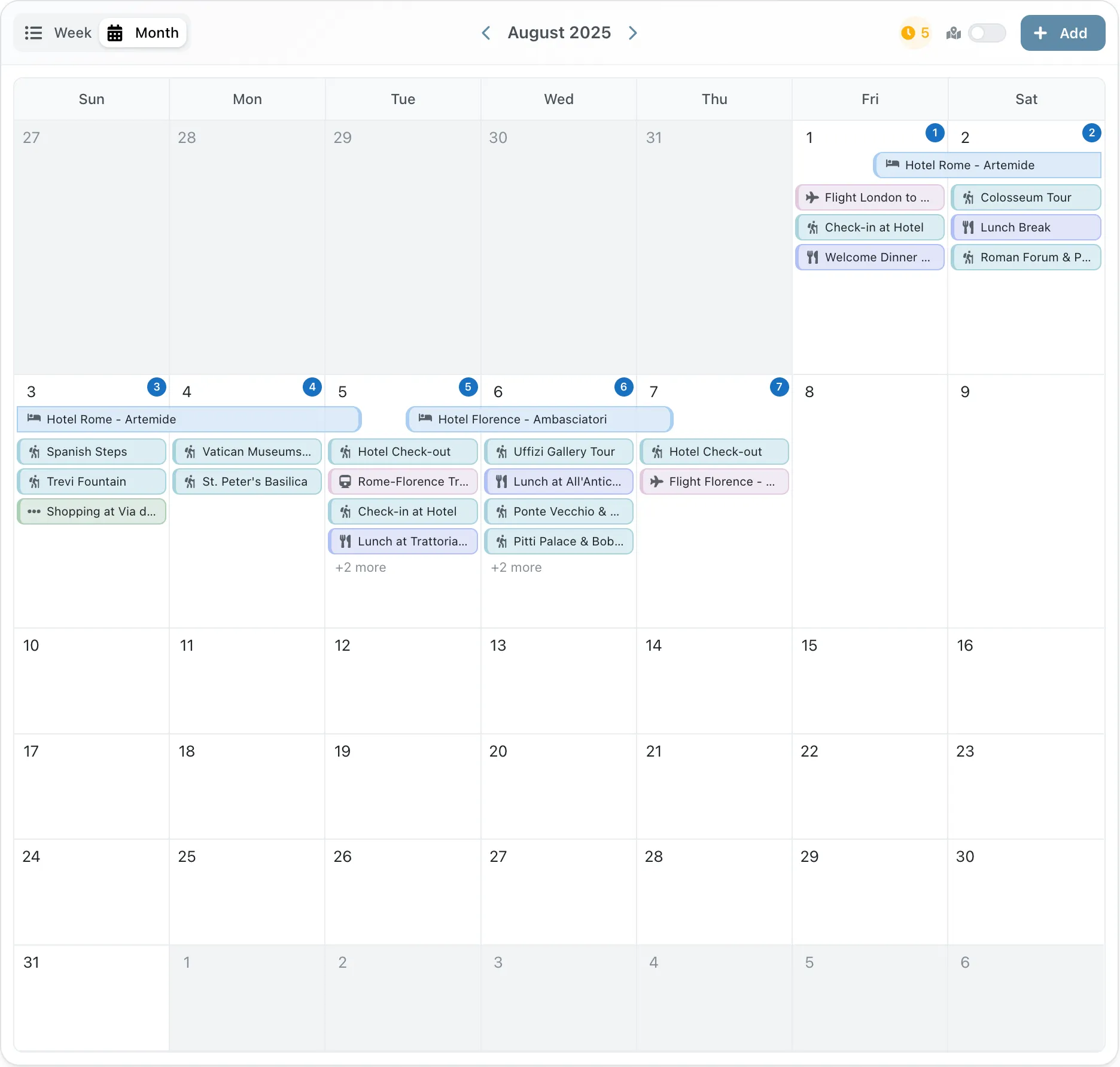 Monthly calendar showing travel itinerary