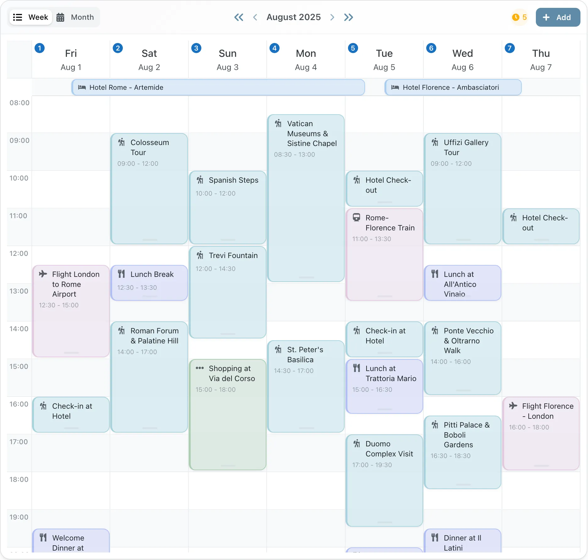 Weekly calendar showing travel itinerary